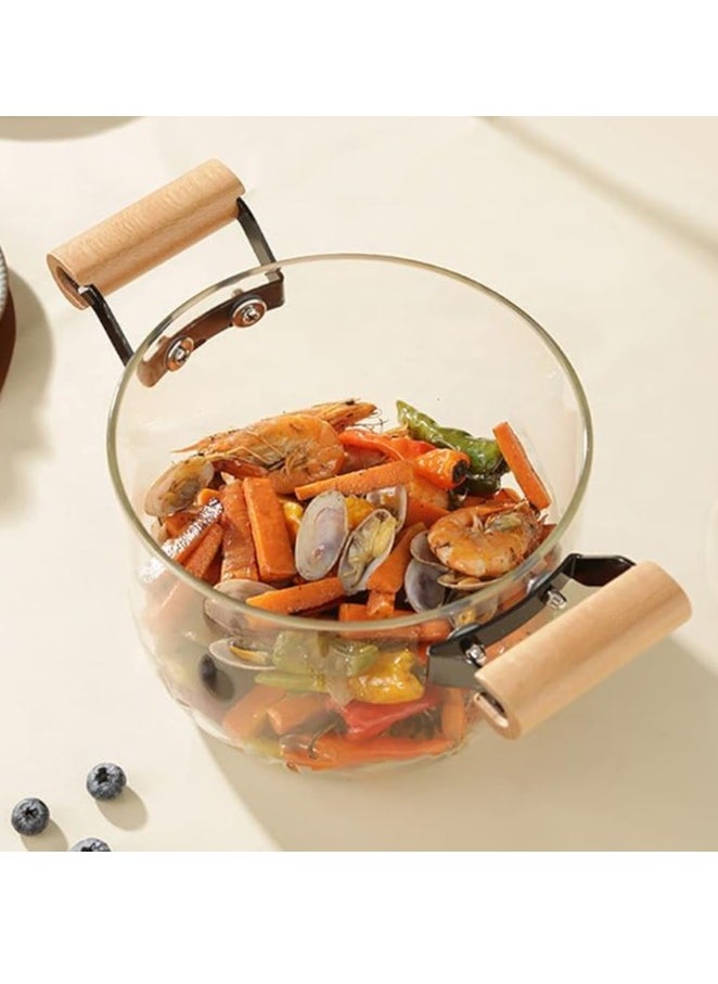 Spaceshoop - Glass Cooking Pot with Wooden Handle, 2-Handle Design, Clear Glass with Lid, for Pasta Noodle Soup (3.5 liter) - Image 1