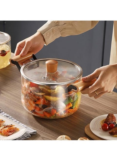 Glass Cooking Pot with Wooden Handle, 2-Handle Design, Clear Glass with Lid, for Pasta Noodle Soup (3.5 liter)