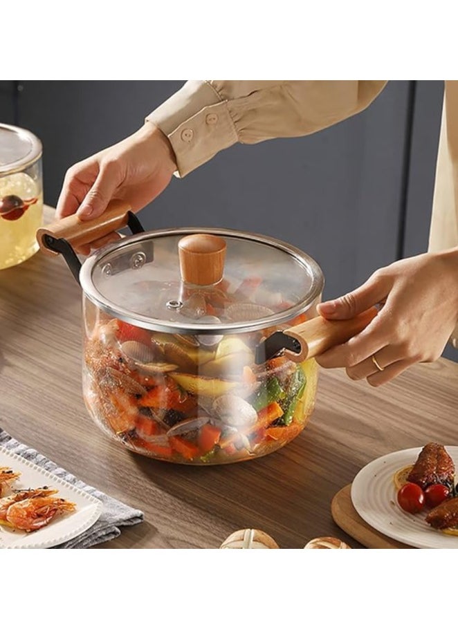 Spaceshoop - Glass Cooking Pot with Wooden Handle, 2-Handle Design, Clear Glass with Lid, for Pasta Noodle Soup (3.5 liter) - Image 1