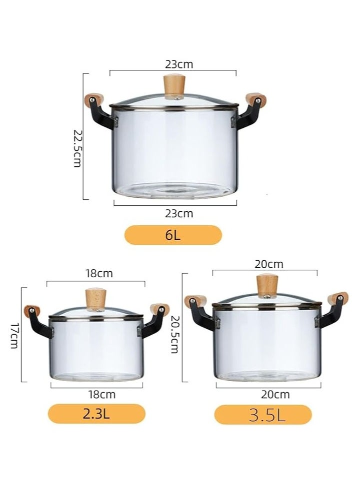 Spaceshoop - Glass Cooking Pot with Wooden Handle, 2-Handle Design, Clear Glass with Lid, for Pasta Noodle Soup (3.5 liter) - Image 1
