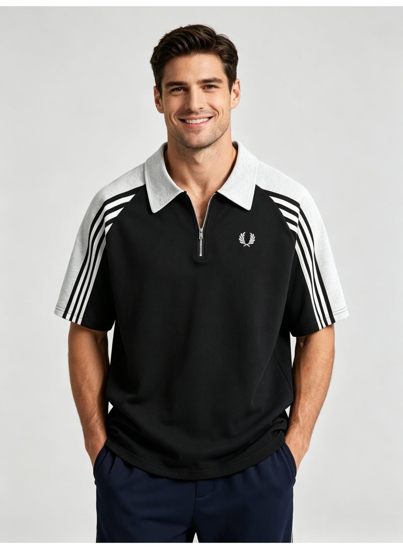 فريد بيري Fred Perry Men's Quarter Zip Short Sleeve Polo Shirt, Color‑Block Raglan Top with 3‑Stripe Sleeve Detail, Embroidered Laurel Wreath Logo Retro Casual Street Tee - Image 1