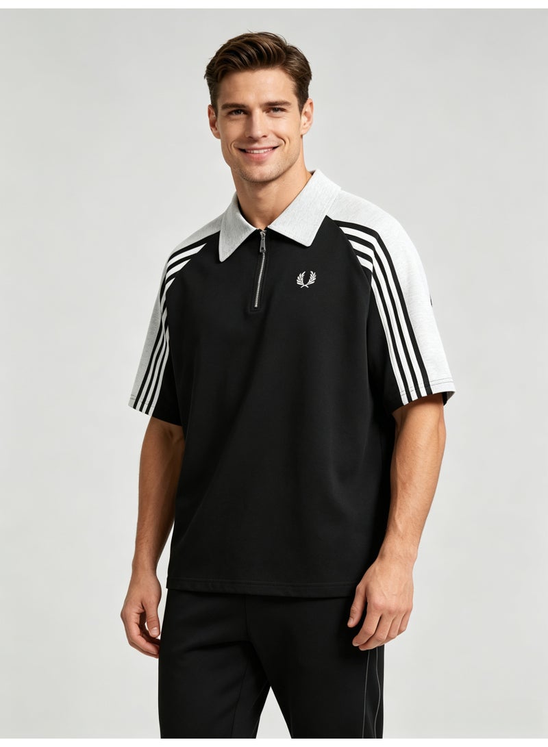 فريد بيري Fred Perry Men's Quarter Zip Short Sleeve Polo Shirt, Color‑Block Raglan Top with 3‑Stripe Sleeve Detail, Embroidered Laurel Wreath Logo Retro Casual Street Tee - Image 3
