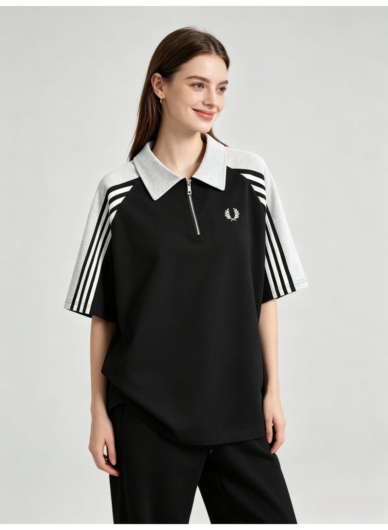 فريد بيري Fred Perry Men's Quarter Zip Short Sleeve Polo Shirt, Color‑Block Raglan Top with 3‑Stripe Sleeve Detail, Embroidered Laurel Wreath Logo Retro Casual Street Tee - Image 5