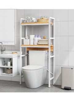 XiuWoo 2 Shelves Metal Toilet Stander, Wood Washing Machine Rack, Bathroom Corner Stand Storage Organizer Accessories, Free Standing Home Office Storage Rack for Space Saver  - Image 1