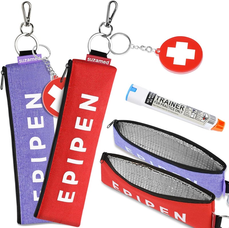 suzamed حقيبة حمل EpiPen محمولة، حقيبة طبية طارئة معزولة للحفاظ على فعالية الدواء، تناسب حاقن EpiPen واحد، جهاز استنشاق الربو، Auvi-Q، أدوية الحساسية، حامل EpiPen للسفر للبالغين أو الأطفال (أرجواني+أحمر) - Image 1
