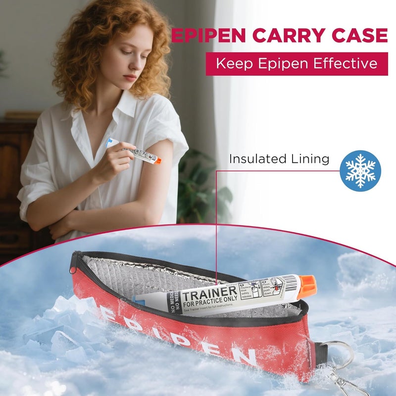 suzamed حقيبة حمل EpiPen محمولة، حقيبة طبية طارئة معزولة للحفاظ على فعالية الدواء، تناسب حاقن EpiPen واحد، جهاز استنشاق الربو، Auvi-Q، أدوية الحساسية، حامل EpiPen للسفر للبالغين أو الأطفال (أرجواني+أحمر) - Image 2