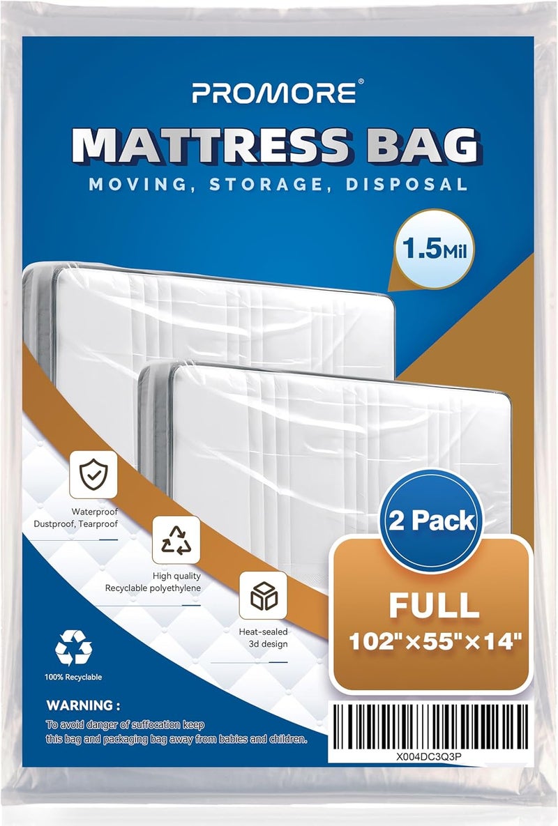 PROMORE 2 Pack Full Plastic Mattress Bag For Moving and Storage Protector Cover - Image 1