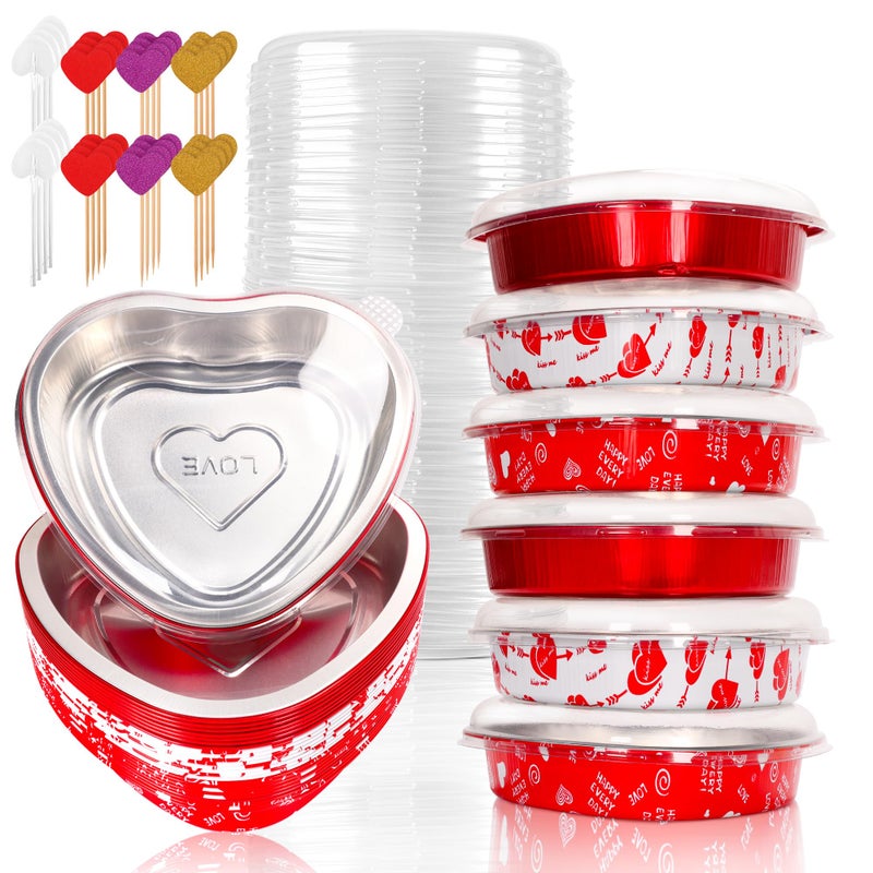 yeload 24 Pack 8 Inch Heart Shaped Cake Pans with Lids, 23oz Large Disposable Foil Heart Pans for Valentine's & Mother's Day, Aluminum Heart Cake Pans, Valentine's Day Baking Kit (White, Red, Red Heart) - Image 1