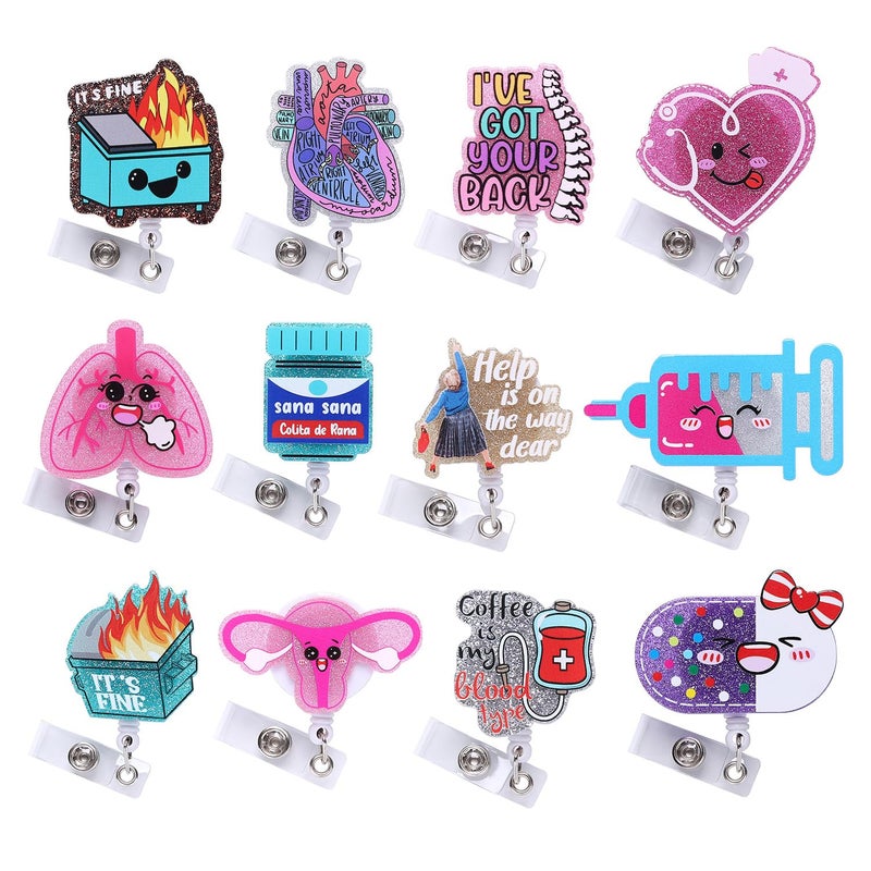 Coeufuedy 12 Pcs Cute Nurse Badge Reels Funny Acrylic Retractable Badge Holder with Alligator Clip Nurse, Cute Cool Id Tag Card Holder Clips for Doctor Student,Teacher,Work Officeï¼ŒAccessories Bulk Gifts - Image 1