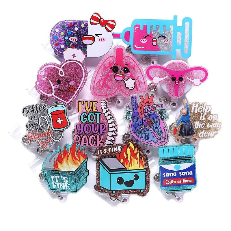 Coeufuedy 12 Pcs Cute Nurse Badge Reels Funny Acrylic Retractable Badge Holder with Alligator Clip Nurse, Cute Cool Id Tag Card Holder Clips for Doctor Student,Teacher,Work Officeï¼ŒAccessories Bulk Gifts - Image 2
