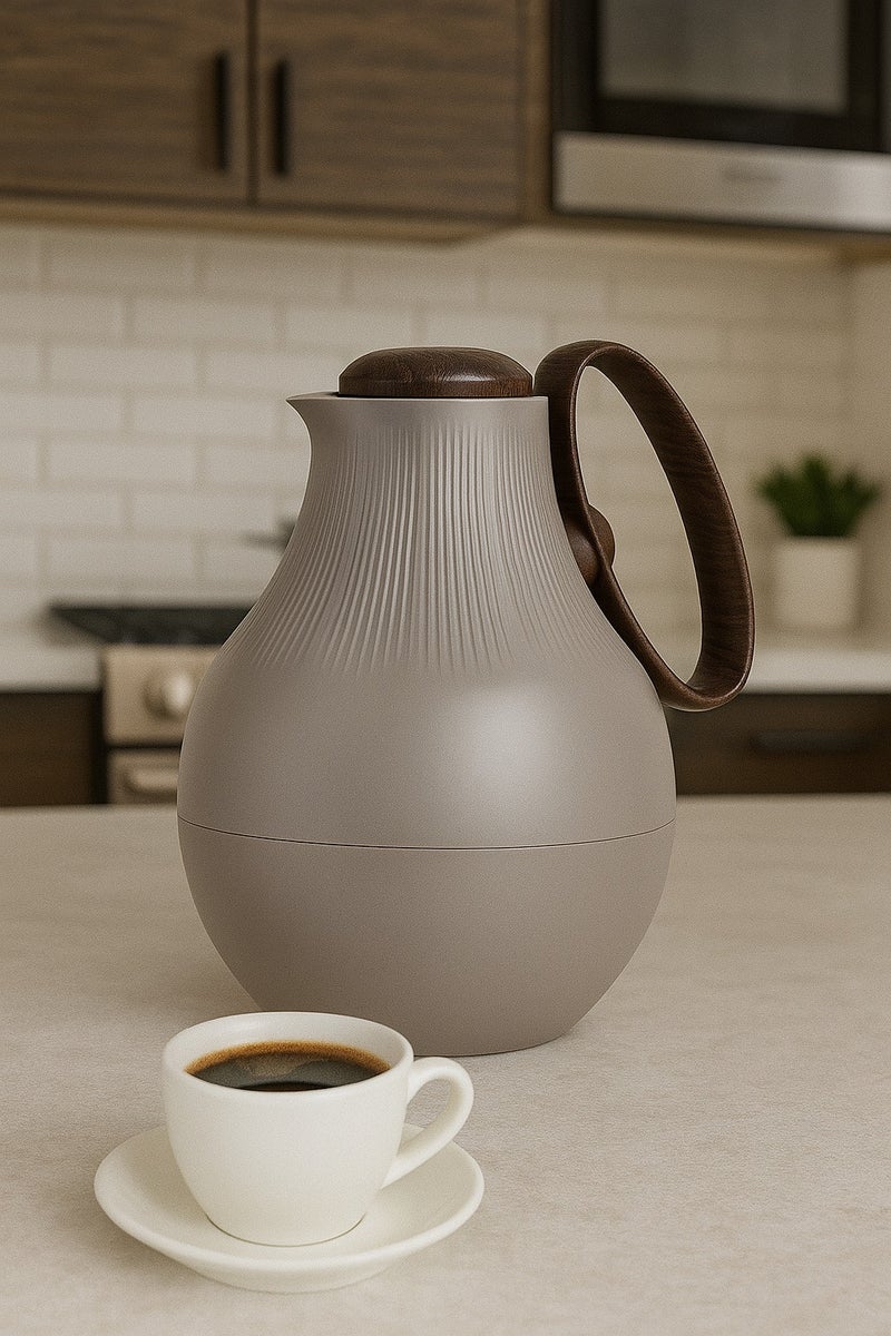 غزال ترمس شاي/قهوة بلاستيكي سعة 1 لتر رمادي غامق/بني بزجاج بوري سيليكات - Image 2