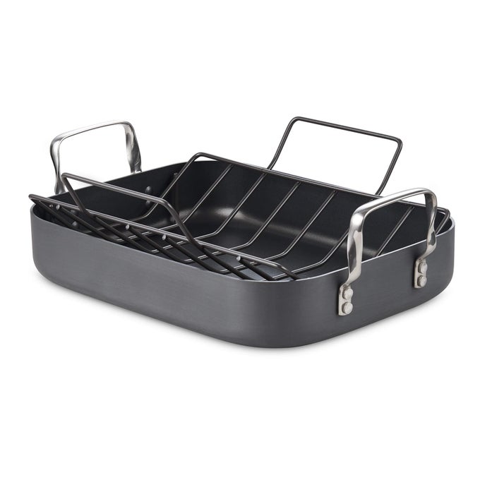 TURKEY ROASTING PAN WITH RACK HARD ANODIZED NONSTICK 16INCH X 12INCH CHICKEN HAM ROASTER PAN MULTIUSE GRILL PAN WITH HANDLES BLACK