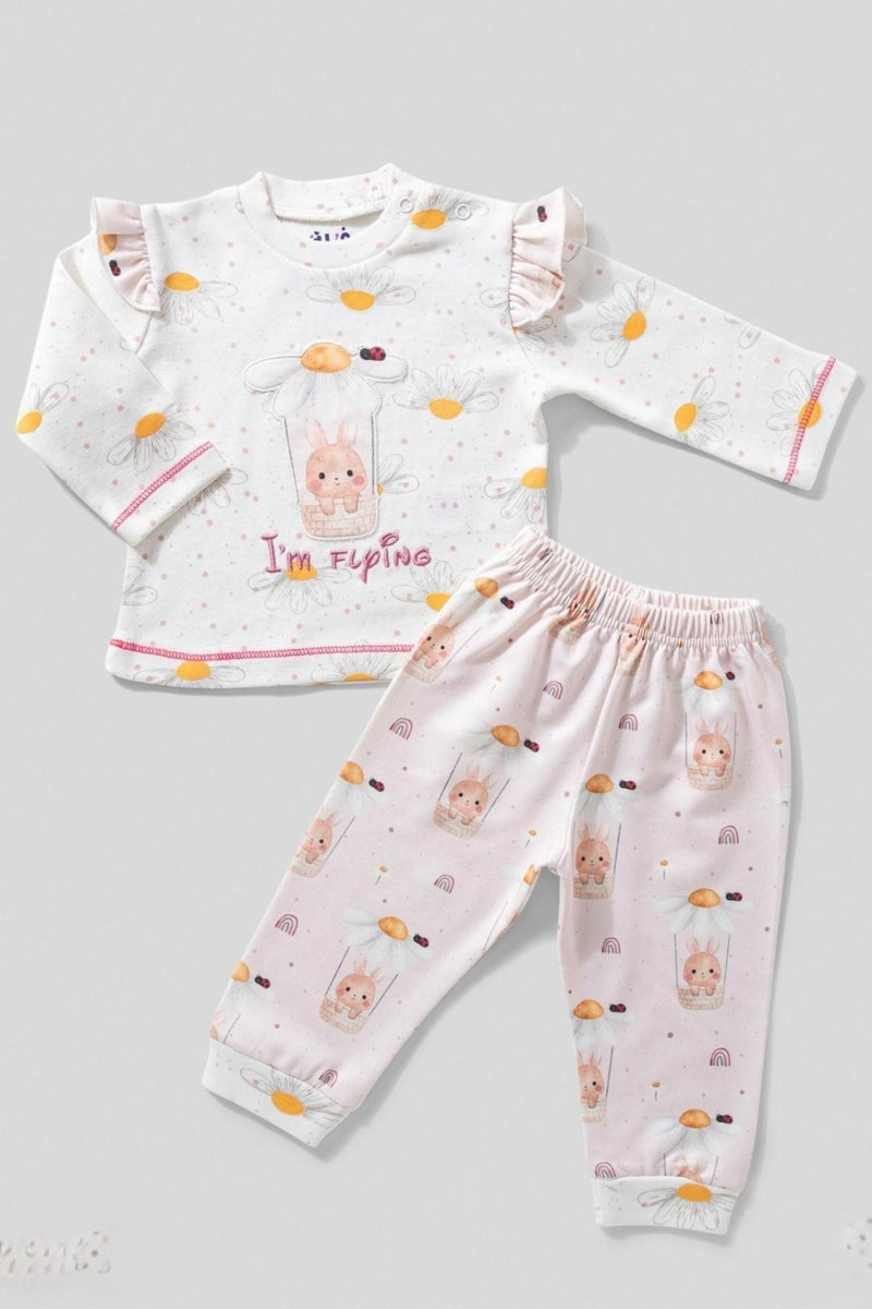 فل مون طقم ملابس نوم للأطفال من قطعتين، بطبعة أرنب طائر، وردي وأبيض، مع بلوزة بأكمام طويلة وبنطلون مطاطي