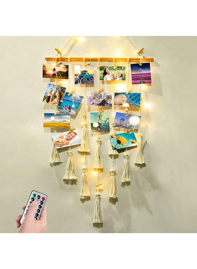 Antikiano Wall Hanging Macrame Decor Photo Display with LED Lights and Cotton Tassels for Showcasing Photos, Cards and Memories – 45 × 17 IN - Image 1