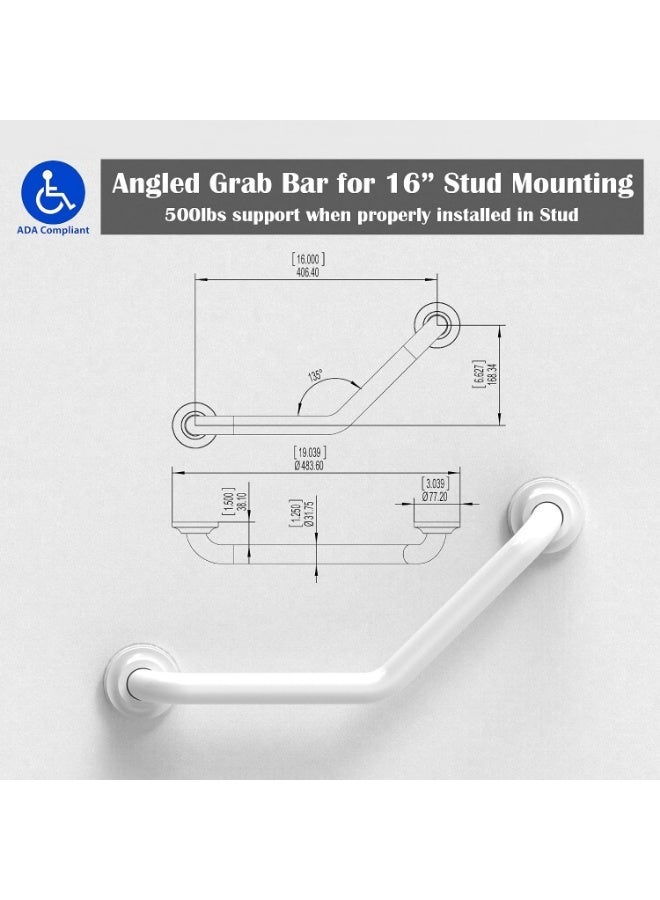 16-inch Slanted Bathroom Safety Grab Bar in SUS304 Stainless Steel, Holds up to 500 lbs, Textured Non-Slip Grip, Wall Mount, White - Image 4