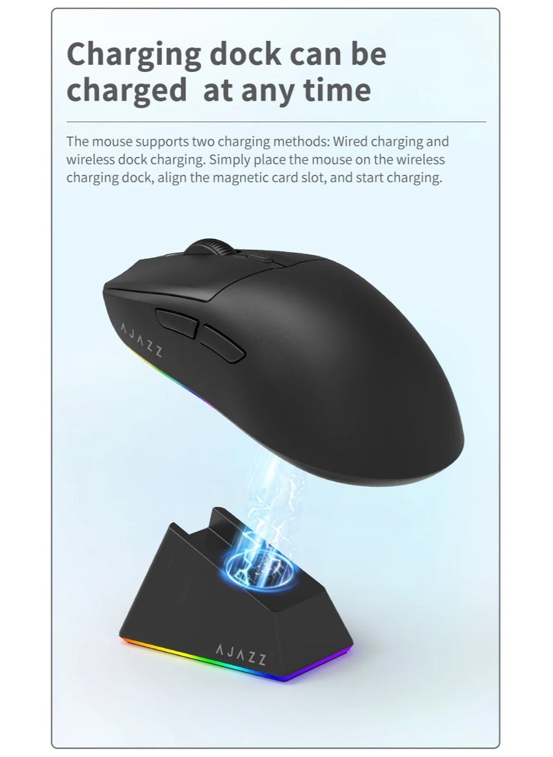 A-jazz AJ139 V2 MC Gaming Mouse with RGB Magnetic Base, 3-Mode Connection: USB Wired/2.4G Wireless/BT, 500mAh Battery Capacity, 80 Million Magnetic Clicks, Adjustable Resolution: 12000DPI, PAW3311 Sensor, Ultra-Light Design, Black  - Image 3
