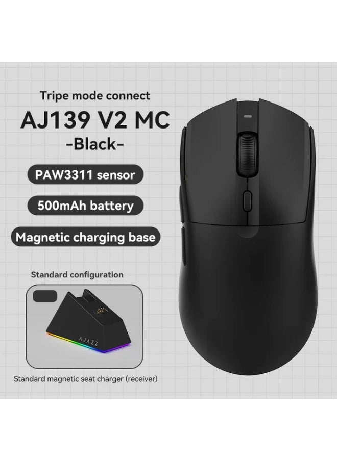 A-jazz AJ139 V2 MC Gaming Mouse with RGB Magnetic Base, 3-Mode Connection: USB Wired/2.4G Wireless/BT, 500mAh Battery Capacity, 80 Million Magnetic Clicks, Adjustable Resolution: 12000DPI, PAW3311 Sensor, Ultra-Light Design, Black  - Image 2