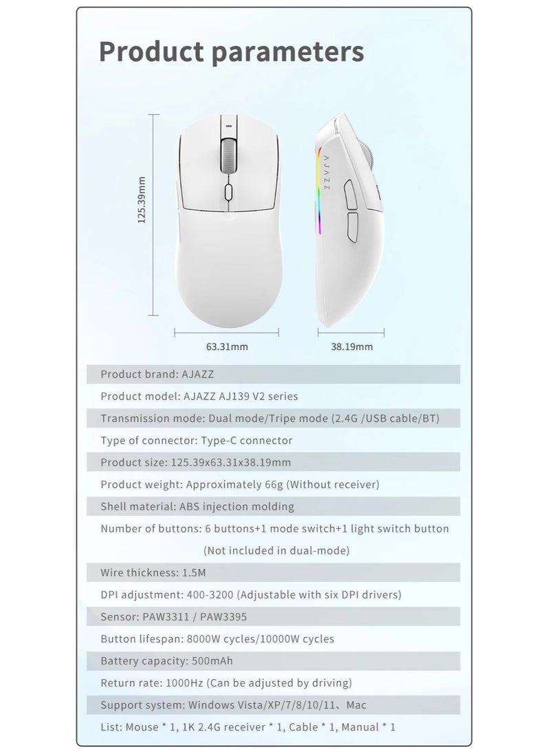 AJ139 V2 MC Gaming Mouse with RGB Magnetic Base, 3-Mode Connection: USB Wired/2.4G Wireless/BT, 500mAh Battery Capacity, 80 Million Magnetic Clicks, Adjustable Resolution: 12000DPI, PAW3311 Sensor, Ultra-Light Design, Black