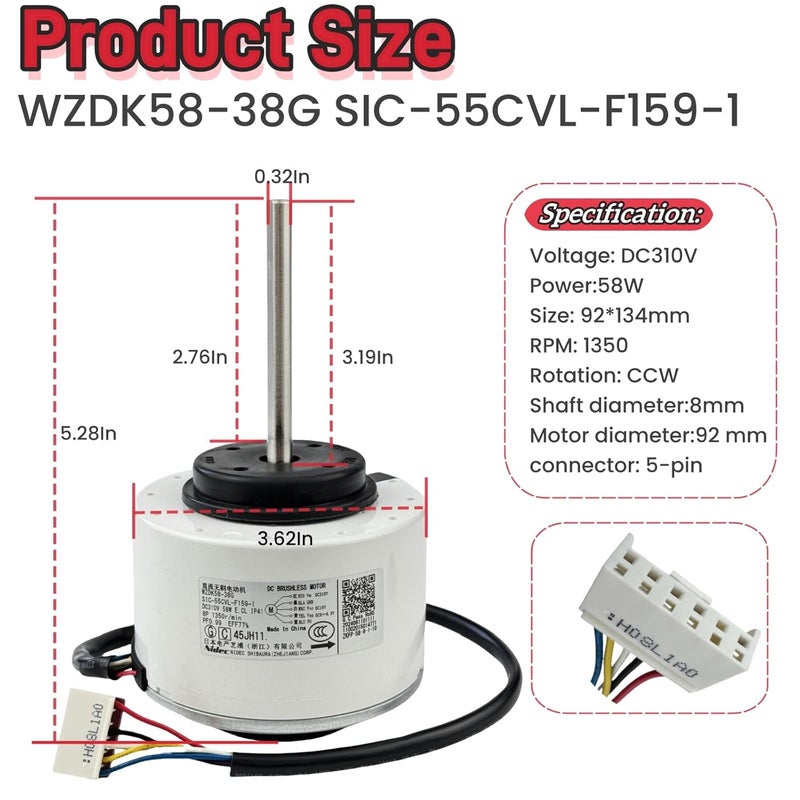 IXGPUTS Air Conditioning Motor WZDK58-38G SIC-55CVL-F159-1 DC Brushless Motor, 310V 58W 1350r/min CCW Inverter Air Conditioner Brushless DC Motor for air Conditioner - Image 2