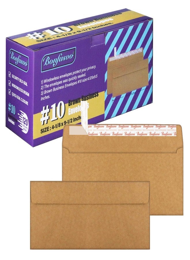 Bonfasvo 120 Pack #10 Brown Kraft Security Envelopes 4-1/8 x 9-1/2 inches Self Seal - Image 1