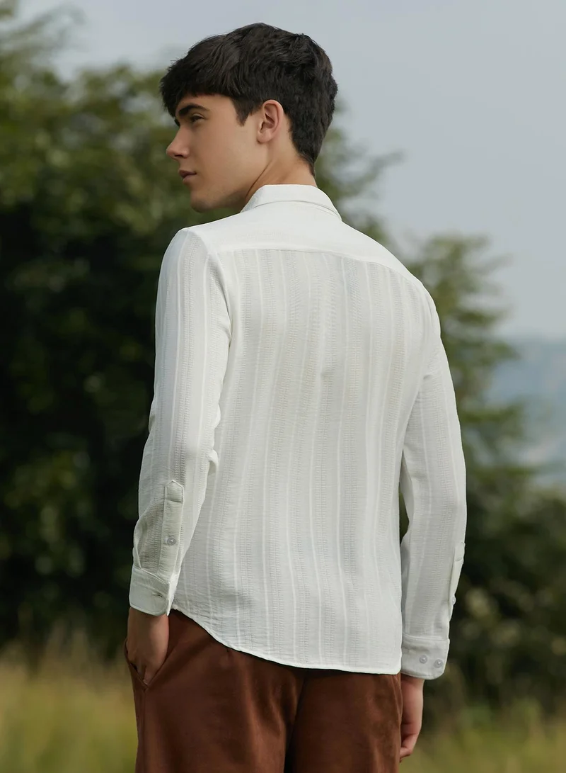 Campus Sutra Men's Daisy White Ridge-Striped Shirt