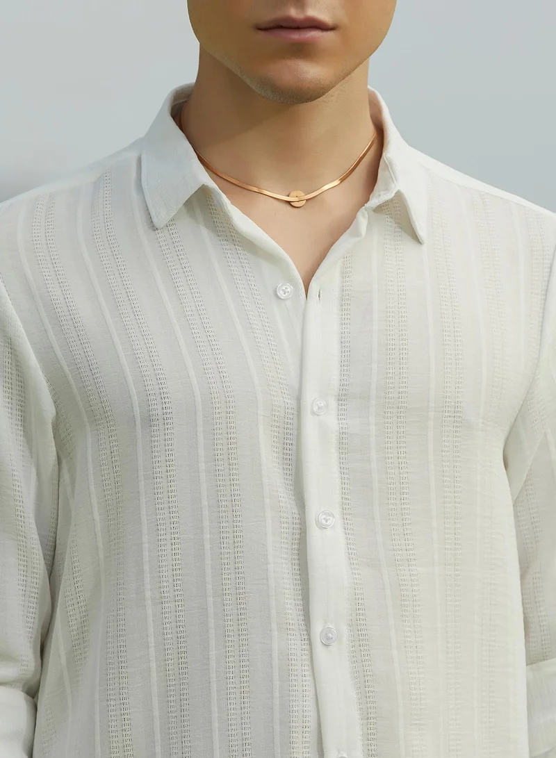 Campus Sutra Men's Daisy White Ridge-Striped Shirt