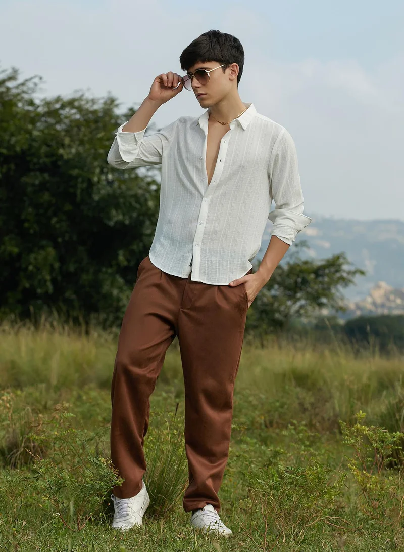 Campus Sutra Men's Daisy White Ridge-Striped Shirt