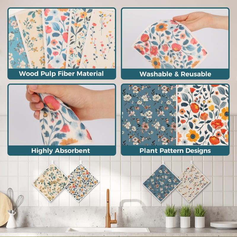 wlich Swedish Dishcloths, 10PCS Reusable Soft Kitchen Towels Dish Cloths Set with Clips, Non-Scratch Dish Rags for Washing Dishes, Washable Swedish Dish Cloths for Kitchen, No Odor(Plant) - Image 4