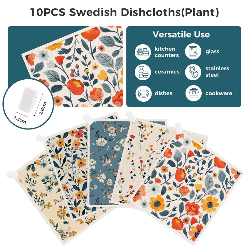 wlich Swedish Dishcloths, 10PCS Reusable Soft Kitchen Towels Dish Cloths Set with Clips, Non-Scratch Dish Rags for Washing Dishes, Washable Swedish Dish Cloths for Kitchen, No Odor(Plant) - Image 3