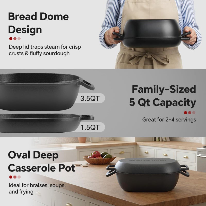 Northriver Casting 12"x8" Oval Cast Iron Dutch Oven for Bread Bakingï¼ŒPre-Seasoned Combo Cooker with Lid, Perfect for Sourdough, Artisan Loaves & Family Meals,5 Qt - Image 4