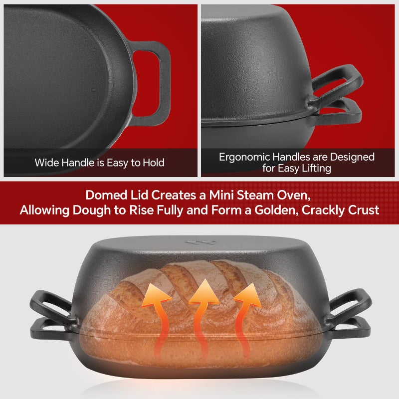 Northriver Casting 12"x8" Oval Cast Iron Dutch Oven for Bread Bakingï¼ŒPre-Seasoned Combo Cooker with Lid, Perfect for Sourdough, Artisan Loaves & Family Meals,5 Qt - Image 2