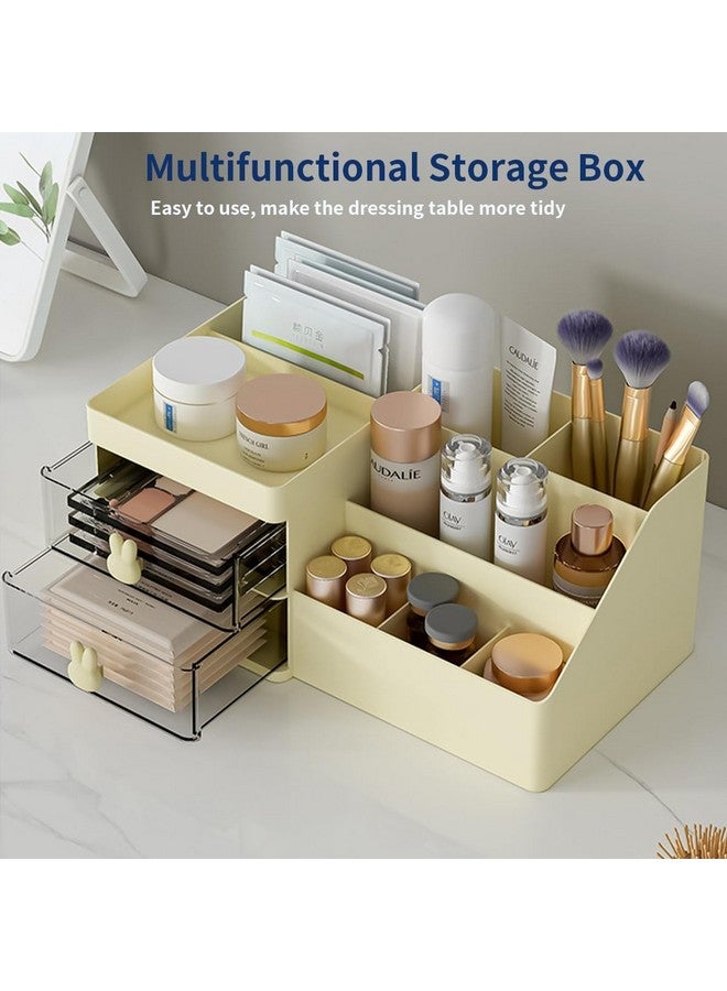 HOUSE OF QUIRK Polypropylene, Polystyrene 2 Drawer Cosmetics Makeup Organizer For Vanity Bathroom, Clear Drawer Cosmetic Storage Display Case With Brush Holder, Desk Countertop (Cream),Grey - Image 2