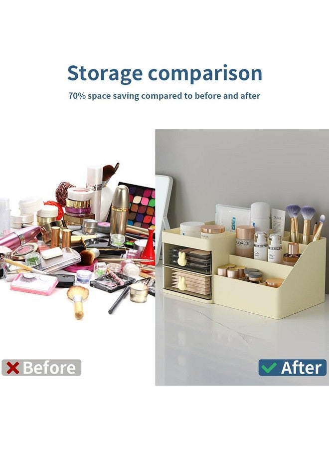 HOUSE OF QUIRK Polypropylene, Polystyrene 2 Drawer Cosmetics Makeup Organizer For Vanity Bathroom, Clear Drawer Cosmetic Storage Display Case With Brush Holder, Desk Countertop (Cream),Grey - Image 4