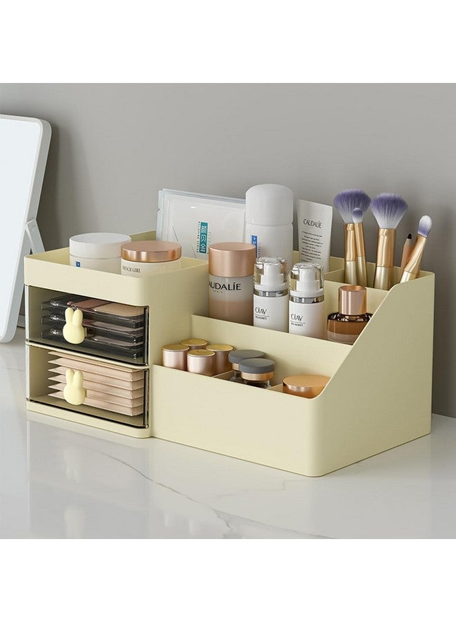 HOUSE OF QUIRK Polypropylene, Polystyrene 2 Drawer Cosmetics Makeup Organizer For Vanity Bathroom, Clear Drawer Cosmetic Storage Display Case With Brush Holder, Desk Countertop (Cream),Grey - Image 1