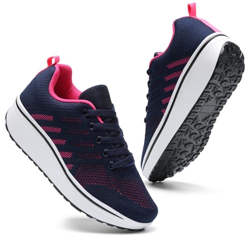 DADAWEN Women's Slip On Breathable Mesh Walking Tennis Shoes Lightweight Comfort Wedge Platform Casual Sneakers for Gym Travel Work Navy/Hot Pink US Size 6.5 - Image 1