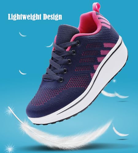 DADAWEN Women's Slip On Breathable Mesh Walking Tennis Shoes Lightweight Comfort Wedge Platform Casual Sneakers for Gym Travel Work Navy/Hot Pink US Size 6.5 - Image 3