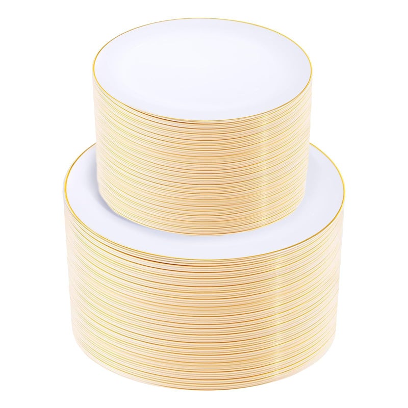KIRE 200PCS Gold Plastic Plates - Disposable Plates for Party - White Plastic Plates with Gold Rim Include 100 for Dinner and 100 for Dessert/Salad in Wedding/Party/Spring/Ramadan - Image 1