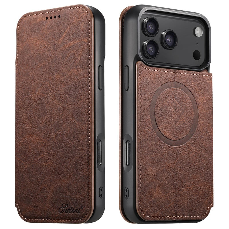 Suteni For Iphone 17 Pro J06 Retro Matte Litchi Texture Leather Magsafe Phone Case(Brown) - Image 1