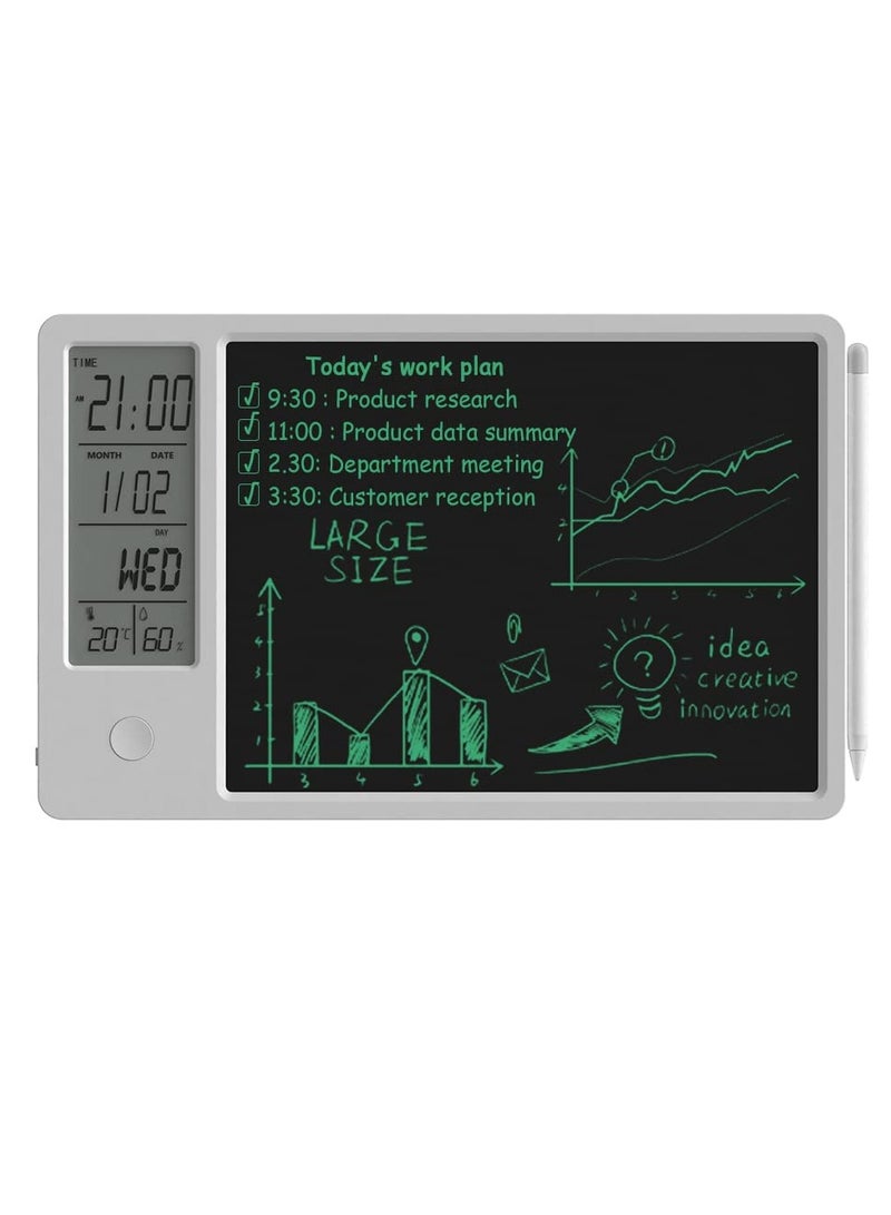 SYOSI Electronic Desktop Calendar Rechargeable Writing Memo Message Board Notepad with Digital Clock Date Time Week Indoor Temperature Display 9.5inch Drawing Pad for Office Home Business Decor White - Image 1