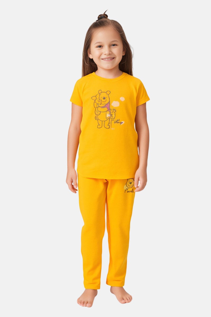 zivame Kids Girls 2 Pcs Graphic Print Short Sleeves Pajama Top And Bottom Set, Mustard - Image 1