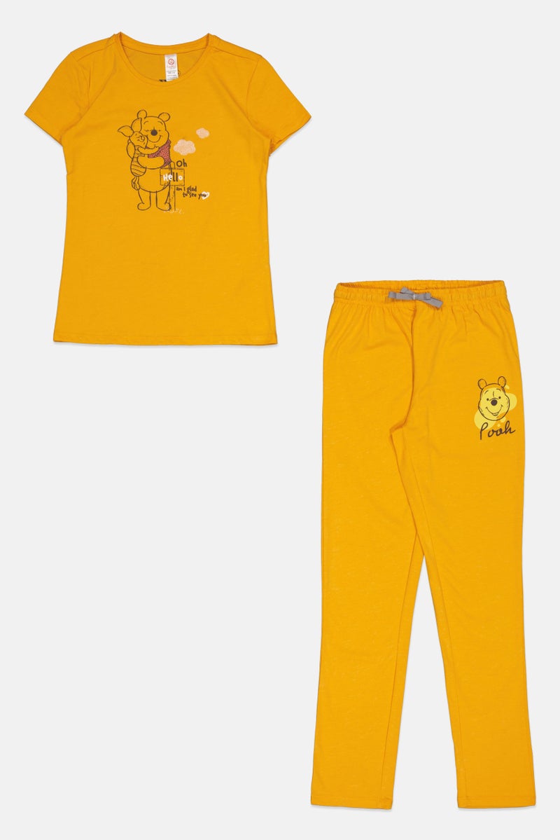 zivame Kids Girls 2 Pcs Graphic Print Short Sleeves Pajama Top And Bottom Set, Mustard - Image 2