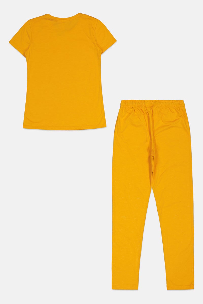 zivame Kids Girls 2 Pcs Graphic Print Short Sleeves Pajama Top And Bottom Set, Mustard - Image 3