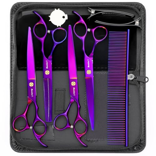 Wenshall Professional Dog Grooming Scissors Set - 6.5" Thinning, 7" Straight, 7" Up-Curved, 7" Down-curved Scissors and Comb for Dog Cat Pet (Purple) - Image 1