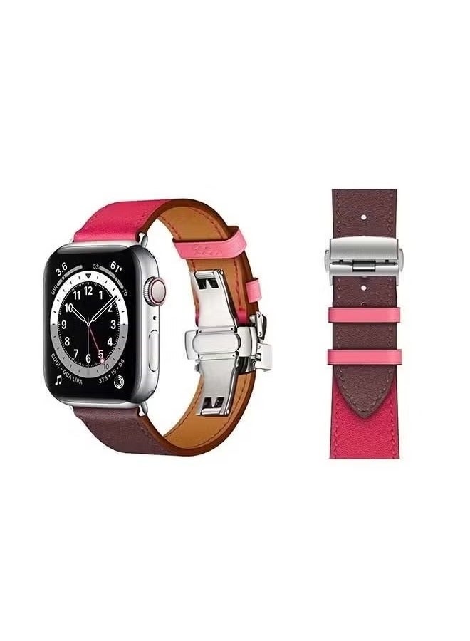vesus Genuine Leather Replacement Band with Silver Buckle for apple watch series 6/SE/5/4/3/2/1 44/42mm Pink/Brown