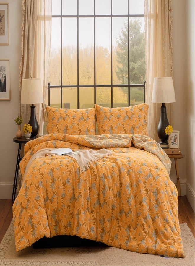 SLEEPBELLA Washed Double Layer Muslin 100% Cotton Comforter Set Queen Size, Yellow & Blue Sunflower Pattern Fluffy Thick Checked Bedding Set, Soft Breathable (1 Comforter, 2 Pillow Shams) - Image 1