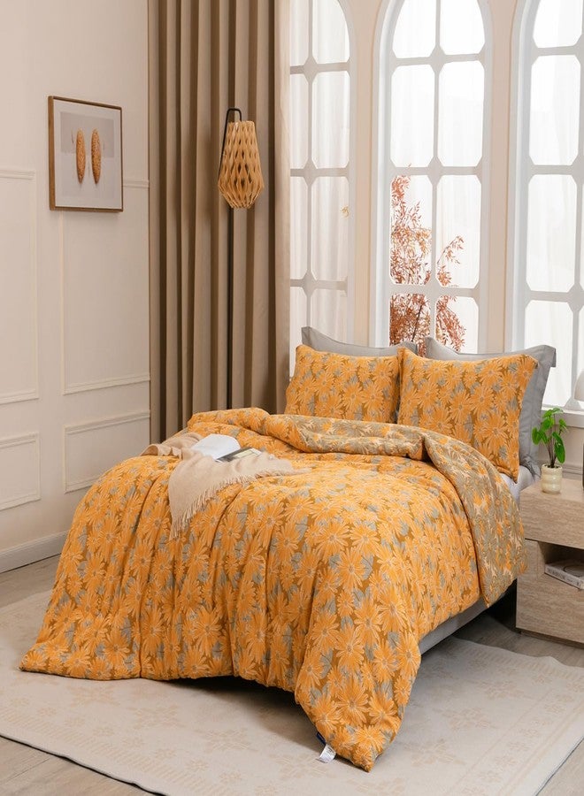 SLEEPBELLA Washed Double Layer Muslin 100% Cotton Comforter Set Queen Size, Yellow & Blue Sunflower Pattern Fluffy Thick Checked Bedding Set, Soft Breathable (1 Comforter, 2 Pillow Shams) - Image 2