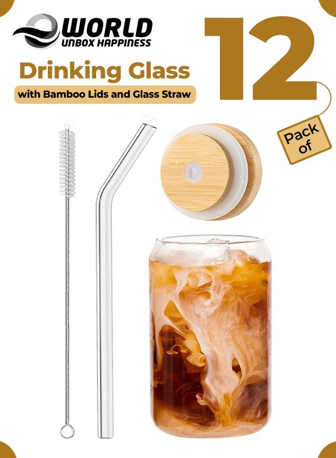 Eworld 12pcs Glassware Set Featuring 16oz Can Shaped Glass Cups with Bamboo Lids, Glass Straw, and 2 Cleaning Brushes Perfect for Iced Coffee, Cocktails, and another Beverage. - Image 1