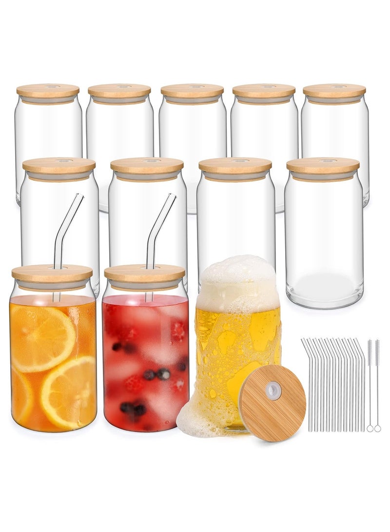 Eworld 12pcs Glassware Set Featuring 16oz Can Shaped Glass Cups with Bamboo Lids, Glass Straw, and 2 Cleaning Brushes Perfect for Iced Coffee, Cocktails, and another Beverage. - Image 3