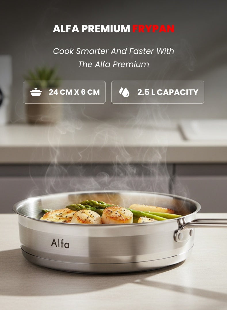 ALFA Stainless Steel Frypan 24 cm | 2.5 L Capacity | 18/10 Premium Steel | Induction & Gas Compatible | AL4224 – Silver - Image 1