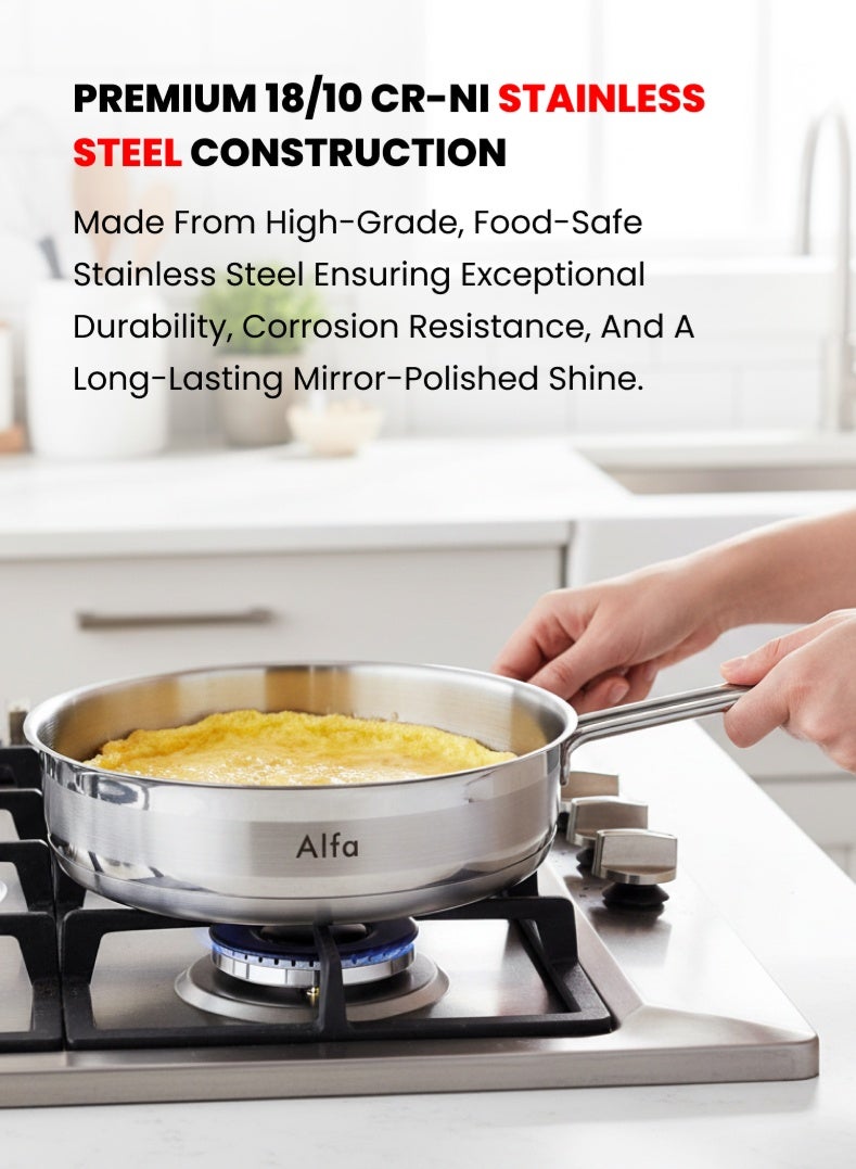 ALFA Stainless Steel Frypan 24 cm | 2.5 L Capacity | 18/10 Premium Steel | Induction & Gas Compatible | AL4224 – Silver - Image 2